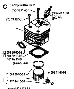Cylinder Piston Diagram and Parts List for 42 19920900001-19941400000 Husqvarna Chainsaw