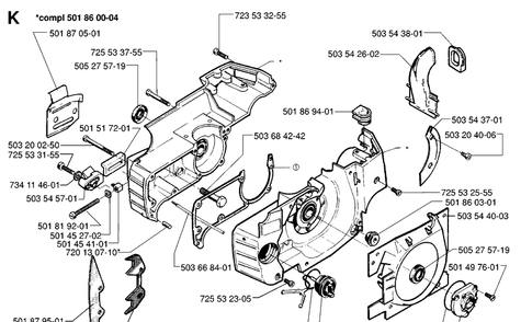 Crankcase Diagram and Parts List for 254 19960100001-19980900000 Husqvarna Chainsaw