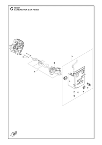 Carburetor And Air Filter Diagram and Parts List for HH301 598609801, 598609802, 598609803 Husqvarna Engine