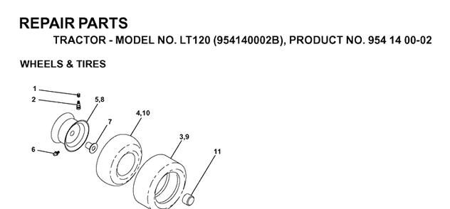 Wheels And Tires Diagram and Parts List for LT120 (954140002B)(1997-01) Husqvarna Lawn Tractor