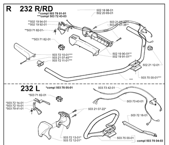 Handle And Controls Diagram and Parts List for 232L 19980100001-20001400000 Husqvarna Edger