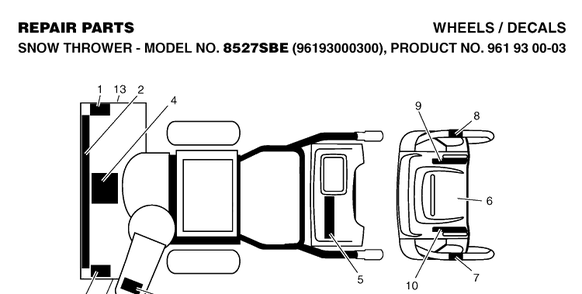 Decals Diagram and Parts List for 8527SBE (927SBE)(2006-05) Husqvarna Snow Blower