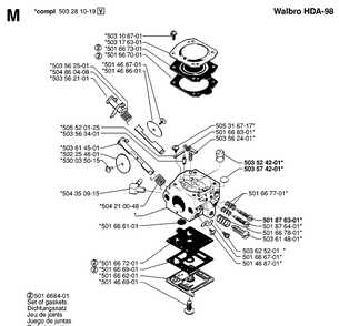 Carburetor Details Diagram and Parts List for 242 19981800001-20013500000 Husqvarna Chainsaw