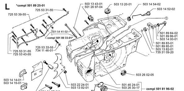 Crankcase Diagram and Parts List for 3120 19960100001-19980900000 Husqvarna Chainsaw