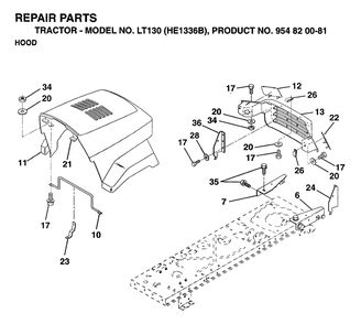 Hood Diagram and Parts List for LT130 (954820081-B)(1996-01) Husqvarna Lawn Tractor