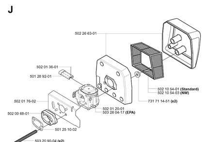 Carburetor And Air Filter Diagram and Parts List for 265RX 20012600001-20023100000 Husqvarna Brush Cutter