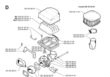 Carburetor And Air Filter Diagram and Parts List for 272XP 19994500001-20070100000 Husqvarna Chainsaw
