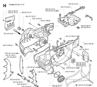 Crankcase Diagram and Parts List for 385XP 20011300001-20034000000 Husqvarna Chainsaw