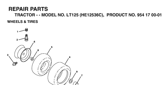 Wheels And Tires Diagram and Parts List for LT125 (HE12536C)(1998-03) Husqvarna Lawn Tractor