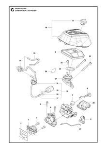 Carburetor And Air Filter Diagram and Parts List for 543XP 20130900001-20173200000 Husqvarna Chainsaw