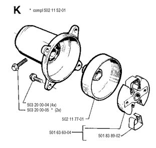 Clutch Diagram and Parts List for 245R 19900100001-19941400000 Husqvarna Brush Cutter