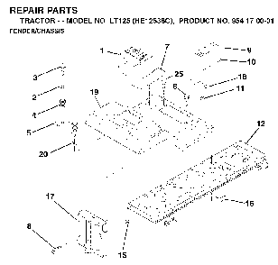 Chassis And Enclosures Diagram and Parts List for LT125 (HE12536C, 954170001)(1996-01) Husqvarna Lawn Tractor