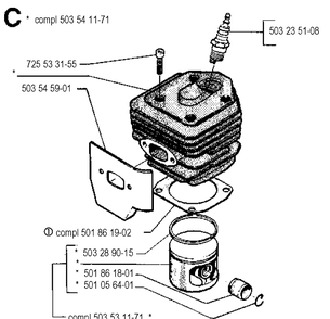 Cylinder Piston Diagram and Parts List for 262XP 19900900001-19910900000 Husqvarna Chainsaw