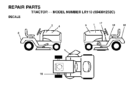 Decals Diagram and Parts List for LR110 (954001232C)(1995-08) Husqvarna Lawn Tractor