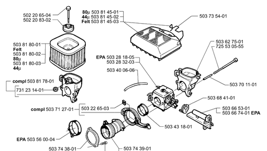 Air Filter/Carburetor Diagram and Parts List for 365EPA 2003-11 Husqvarna Chainsaw