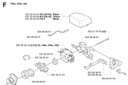 Carburetor And Air Filter 2 Diagram and Parts List for 340E 20051800001-20062300000 Husqvarna Chainsaw