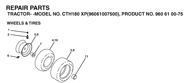 Wheels And Tires Diagram and Parts List for CTH180XP (96061007500)(2006-03) Husqvarna Lawn Tractor