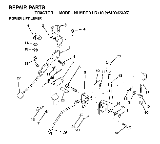 Mower Lift Lever Diagram and Parts List for LR110 (954001232C)(1995-08) Husqvarna Lawn Tractor