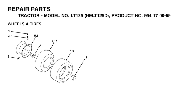 Wheels And Tires Diagram and Parts List for LT125 (954170059-D)(2002-06) Husqvarna Lawn Tractor