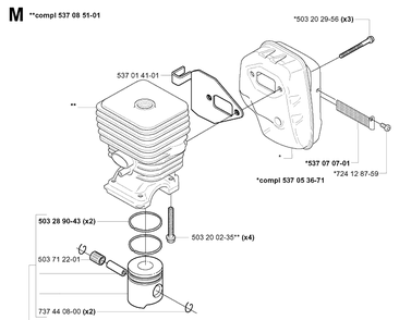 Cylinder Piston Diagram and Parts List for 326C 20010900001-20020500000 Husqvarna Edger