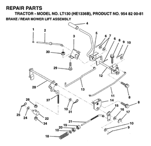 Brake / Rear Mower Lift Diagram and Parts List for LT130 (954820081-B)(1996-01) Husqvarna Lawn Tractor