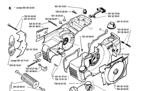 Crankcase Diagram and Parts List for 281 19900100001-19911400000 Husqvarna Chainsaw