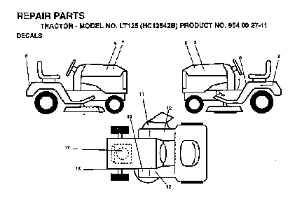 Decals Diagram and Parts List for LT125 (HC12542B, 954002711)(1995-01) Husqvarna Lawn Tractor