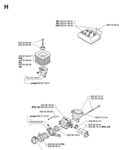 Carburetor And Air Filter Diagram and Parts List for 362XP 20070100001-Current Husqvarna Chainsaw