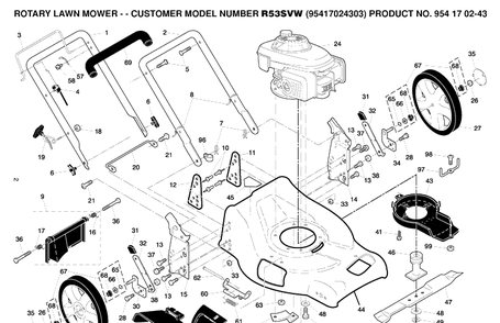 Frame And Engine Diagram and Parts List for R53SVW (95417024303)(2005-04) Husqvarna Lawn Mower