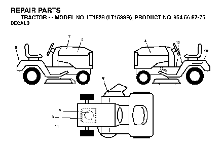 Decals Diagram and Parts List for LT1538 (LT1538B, 954569776)(2002-11) Husqvarna Lawn Tractor