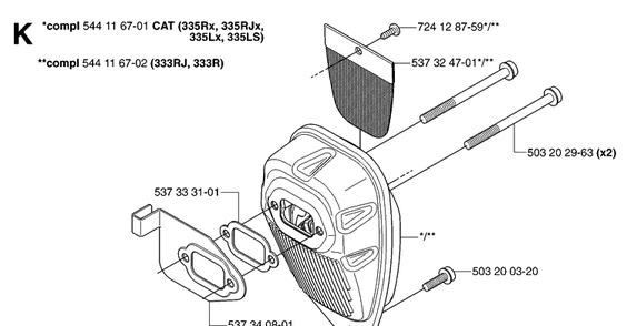 Muffler Diagram and Parts List for 335LS 20070100001-Current Husqvarna Edger