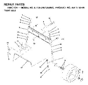 Front Axle Diagram and Parts List for LT125 (HE12536B, 954170001)(1996-10) Husqvarna Lawn Tractor