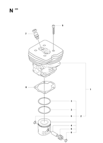 Cylinder Piston Diagram and Parts List for 355FX 20082700001-20192999999 Husqvarna Brush Cutter
