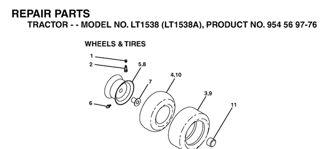 Wheels And Tires Diagram and Parts List for LT1538-LT1538A 2002-11 Husqvarna Lawn Tractor