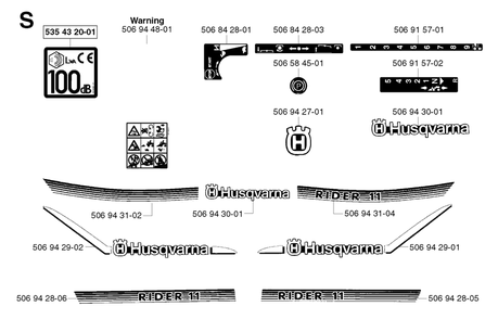 Decals Diagram and Parts List for R11 2002-02 Husqvarna Lawn Tractor