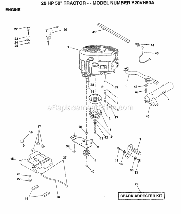 20 Hp 50" Engine Diagram and Parts List for Y20VH50A 1994 Husqvarna Lawn Tractor