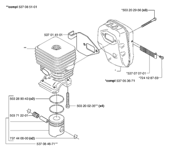 Piston/Cylinder And Muffler Diagram and Parts List for 326P5X 2002-05 Husqvarna Pole Saw