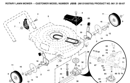 Drive Diagram and Parts List for J55S (961210007)(2006-01) Husqvarna Lawn Mower