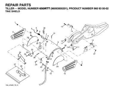 Tine Shield Diagram and Parts List for 650RTT (96093000201)(2006-12) Husqvarna Cultivator