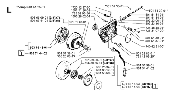 Clutch And Oil Pump Diagram and Parts List for 272XP 19994500001-20070100000 Husqvarna Chainsaw