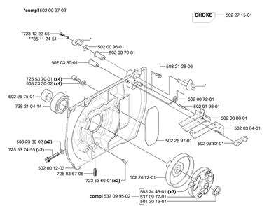 Clutch/Drum/Choke Diagram and Parts List for 265RXEPA 2002-08 Husqvarna Brush Cutter