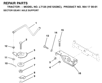 Sector Gear / Axle Support Diagram and Parts List for LT125 (HE12536C)(1996-01) Husqvarna Lawn Tractor