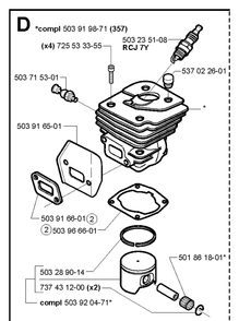 Cylinder Piston Diagram and Parts List for 357XP 20014000001-20031400000 Husqvarna Chainsaw