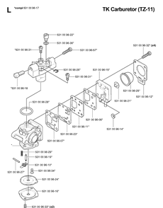 Carburetor Details Diagram and Parts List for 125BT TJ027D-AC55 Husqvarna Leaf Blower / Vacuum