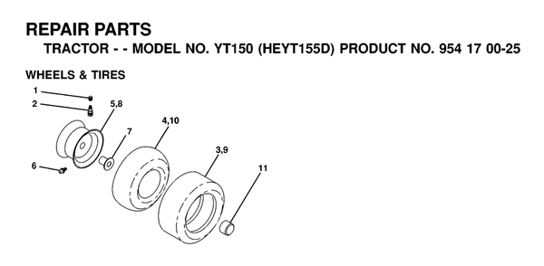 Wheels And Tires Diagram and Parts List for YT150 (954170025-D)(2000-02) Husqvarna Lawn Tractor