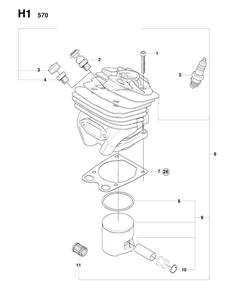Cylinder Piston Diagram and Parts List for 570-570EPA 20083100001-20090100000 Husqvarna Chainsaw