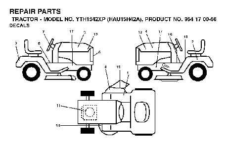 Decals Diagram and Parts List for YTH1542XP (HAU15H42A, 954170055)(2003-01) Husqvarna Lawn Tractor
