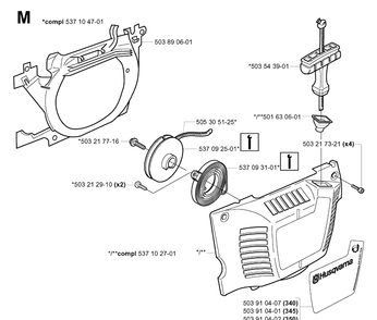 Starter Diagram and Parts List for 345 20013500001-20030100000 Husqvarna Chainsaw