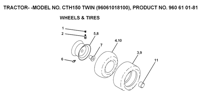 Wheels And Tires Diagram and Parts List for CTH150 (96061018200)(2007-04) Husqvarna Lawn Tractor