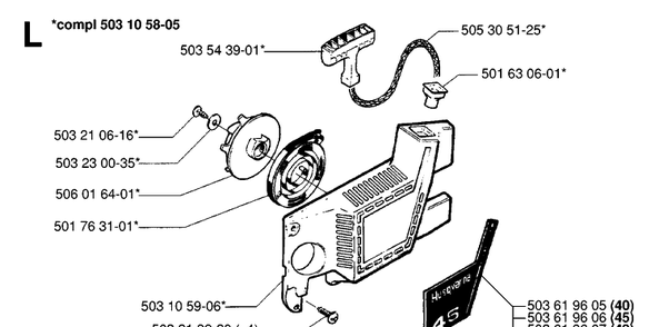 Starter Diagram and Parts List for 49 19981800001-20013499999 Husqvarna Chainsaw